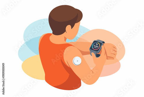 Man Monitoring Health with Smartwatch and Glucose Sensor Biohacking