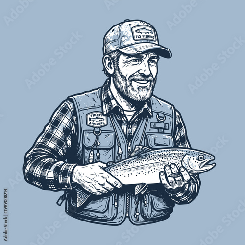 Old fisherman with trout fish vector