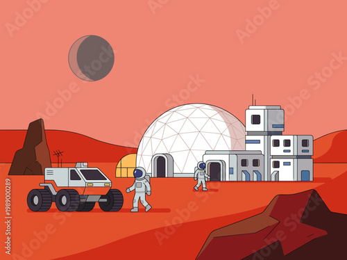 Astronauts exploring a Mars colony with a rover near a dome habitat and modular buildings under a large gray moon