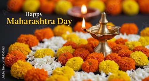 Traditional Diya lamp with marigold flowers and rangoli decoration for Maharashtra Day celebration isolated on transparent background