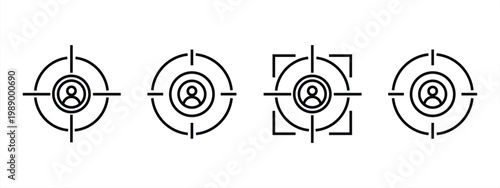 Target audience icon set with user profile in crosshair, ideal for marketing, customer targeting, and person persona. line and filled vector icons