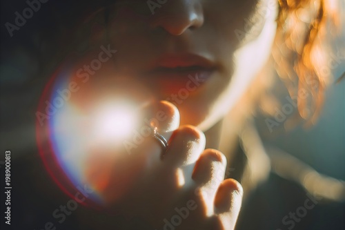 Woman holding sparkling light in hand with sunlit fingertips and soft facial features in close up portrait