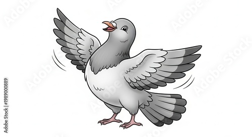 Joyful cartoon pigeon with wide open wings ready for flight or a friendly coo