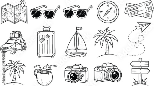 Travel Vacation Line Icon Set with Map Sunglasses Clock Tickets Luggage Car Boat Palm Camera and Signpost
