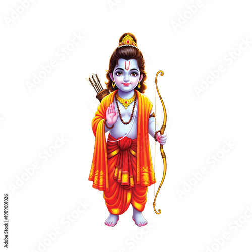 Lord Rama in traditional attire holding a bow and arrow, a revered Hindu deity