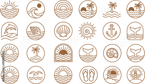 Minimal Beach and Summer Vacation Icon Set Featuring Tropical Elements