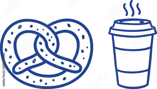 Pretzel Snack and Hot Coffee Cup Simple Line Icon Set