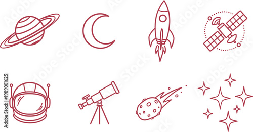 Space Exploration and Astronomy Line Icons Set Featuring Planets Rocket