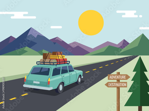 A green car drives down a road with luggage on top towards an adventure destination surrounded by mountains and trees under a sunny sky.