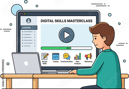 A man watches an online course on a large computer screen in a room