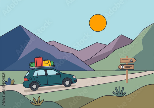 A green car drives on a road with mountains in the background towards a signpost under a sunny sky.