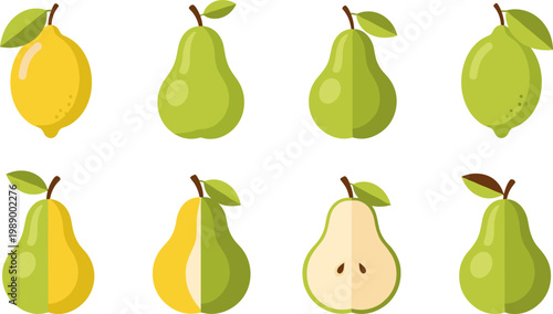 Set of Pear and Lemon Illustrations in Various Stages and Cut Views for Food, Healthy Eating, and Fruit Design Projects