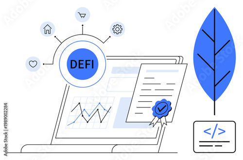 Decentralized finance, blockchain technology, financial innovation, smart contracts, fintech solutions, online transactions. Laptop with DEFI symbol, graphs, certificate and code snippet