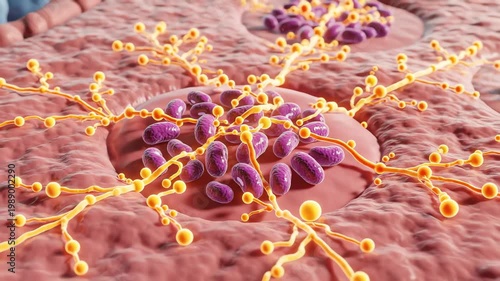 Inflammation signaling caused by gonorrhea infection, immune mediators glowing softly around infected tissue