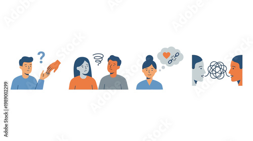 Illustrations depicting various aspects of human communication challenges, emotional states, misunderstanding, and interpersonal conflict.