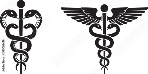 Caduceus medical symbol and Rod of Asclepius, healthcare and medicine emblems.
