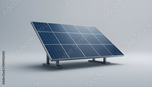 A sleek solar panel standing alone on a clean white background, angled for optimal energy absorption