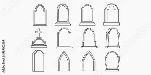 Collection of tombstone outline icons, grave markers and cemetery headstones.