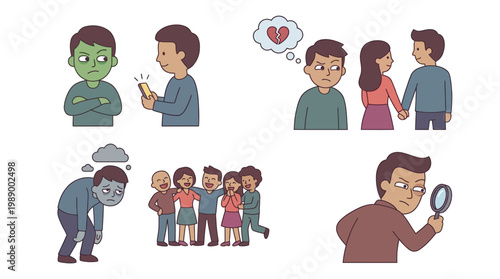 Illustrations depicting various negative human emotions and social issues including envy, heartbreak, loneliness, depression, and suspicion.