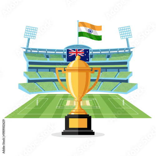 Cricket Championship Trophy at Stadium with India and Australia Flags