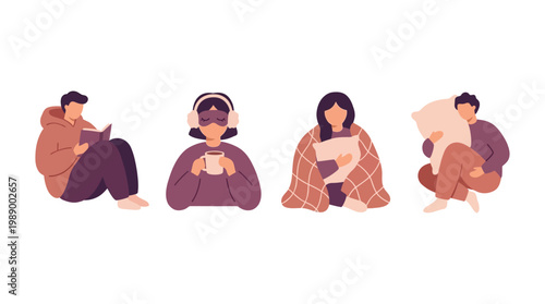Four diverse people enjoying cozy, relaxing activities at home, including reading, listening to music, and snuggling with blankets and pillows.