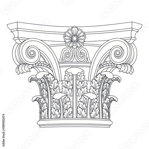 Ornate Corinthian Column Capital with Acanthus Leaves and Volutes - Line Art