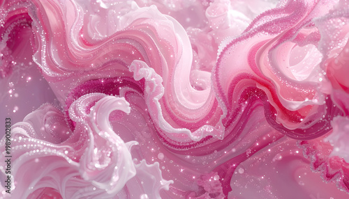 A vibrant pink and white abstract background with swirling patterns and glittering accents