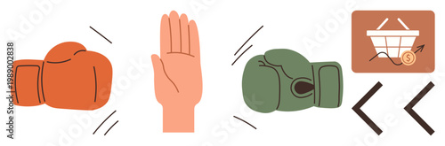 Conflict resolution, business competition, market strategies, economic growth, mediating disputes, negotiation. Two boxing gloves face off with a hand in between, next to a shopping cart and economic