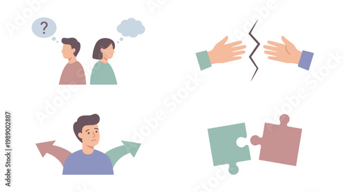 A set of four illustrations depicting relationship dynamics, including communication issues, conflict, difficult decisions, and successful connection.