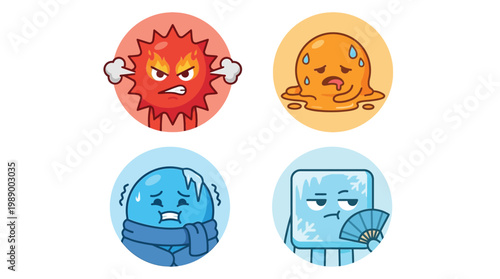 Four cartoon characters illustrating different temperature states and emotions: angry heat, melting hot, shivering cold, and cool indifference.
