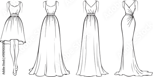 Collection of four elegant evening dresses.