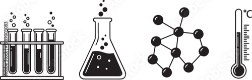 Science lab test tubes flask molecule thermometer.