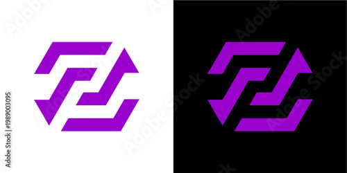 A striking abstract geometric symbol in vibrant purple, presented in two versions: one on a clean white background and the other on a stark black background. This modern design is ideal for technology