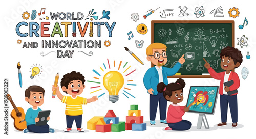 A vibrant vector illustration showcases World Creativity and Innovation Day, depicting children engaged in brainstorming ideas and creative activities around a central light bulb, set