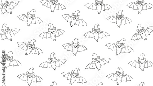 Cute seamless pattern of sketched bats wearing witch hats flying across a plain white background for festive Halloween designs.