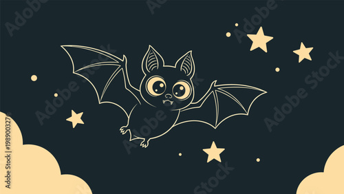 Adorable cartoon bat flying through a starry night sky with clouds in a dark teal and cream color palette for Halloween.