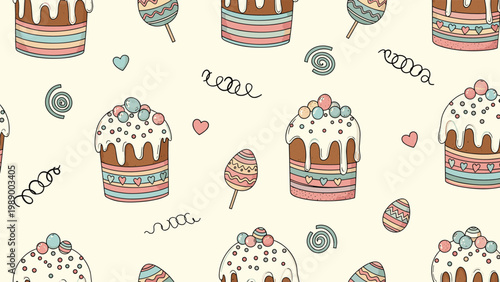Festive seamless pattern featuring traditional Easter cakes with frosting and sprinkles, decorated eggs, and hearts on cream.