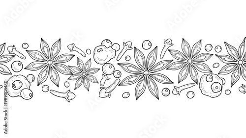 Seamless horizontal border of hand-drawn spices featuring star anise, cloves, and peppercorns for culinary or botanical design projects.