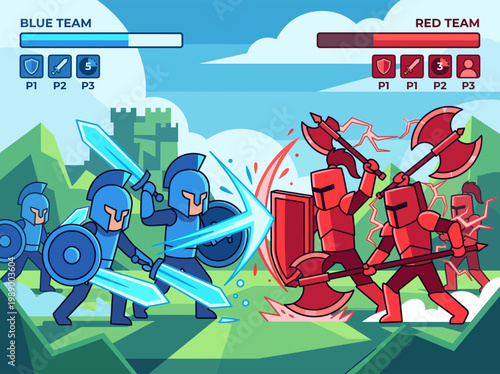 Dynamic medieval fantasy battle between two opposing warrior factions in a strategic game setting illustration, depicting an epic clash on the battlefield