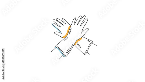 Hand-drawn line art illustration of a pair of crossed protective gloves, symbolizing cleaning, hygiene, and medical safety procedures.