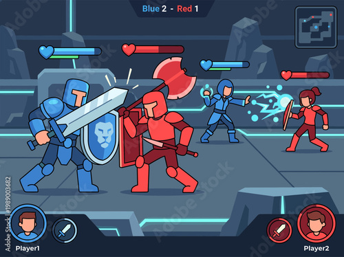 Action-packed medieval battle scene with knights wielding swords and axes, depicted in a vibrant, stylized cartoon art style