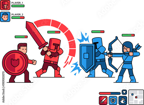 Fantasy battle illustration of two players in a video game with swords, shields, and bows clashing in combat