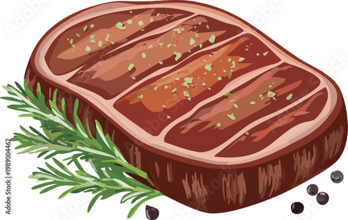 Grilled Beef Steak Illustration – Juicy Meat with Herbs Vector