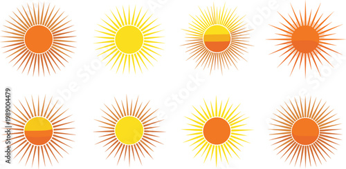 Set of Sun Icon Illustrations in Various Colors and Shapes for Weather, Summer, and Energy Design Projects