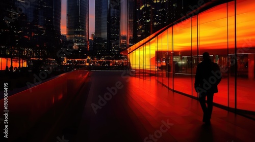 Solitary figure walks past a brightly illuminated modern architectural structure in a metropolitan area at dusk