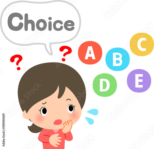 5つの選択肢からどれを選ぶか悩んでいる女性
