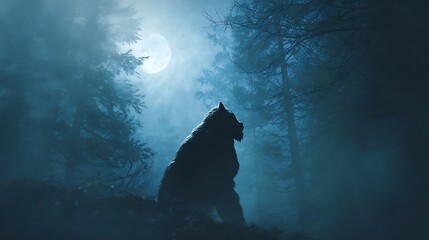 Majestic bear silhouette sitting in misty forest under full moonlight with trees, evoking a sense of wildness and mystery