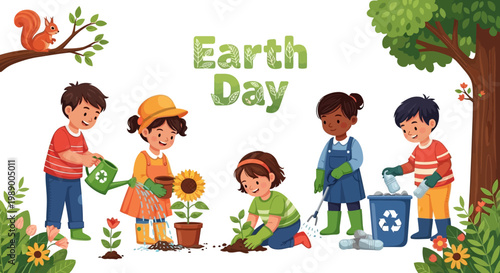 A vibrant Earth Day illustration shows children participating in environmental awareness activities, including planting flowers, recycling, and watering plants, set against a bright