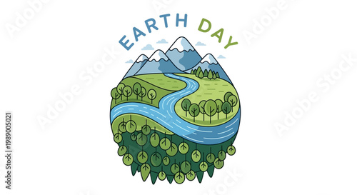 Stylized environmental awareness day illustration showing a green planet earth with mountains, a river, and trees against a clean white background, reflecting the reduce reuse recycle