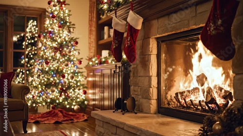 Cozy Christmas living room with festive tree and burning fireplace
